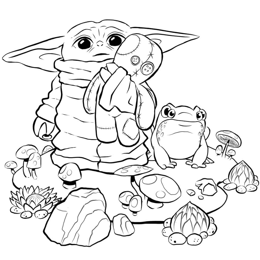 Bebé Yoda sosteniendo Juguete con Rana