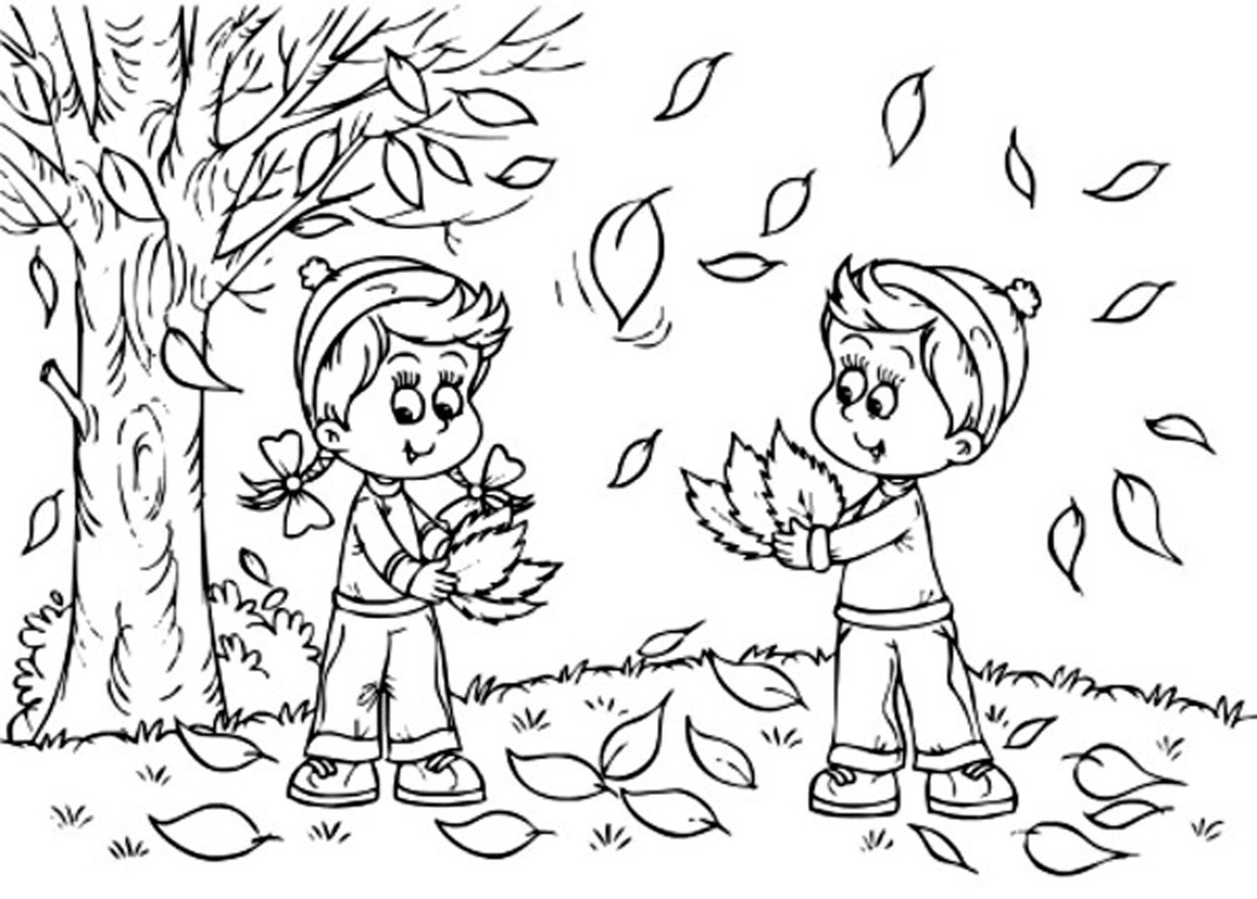 Dos Niños Jugando con Hojas de Otoño