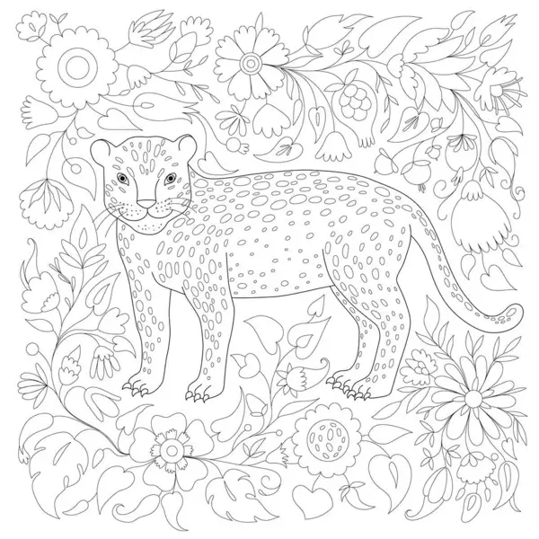 Jaguar con Flores y Hojas