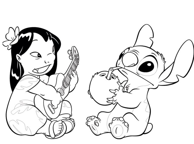 Lilo tocando la Guitarra y Stitch Bebiendo Agua de Coco