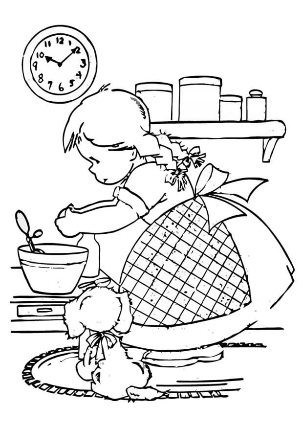 Niña Cocinando y Perro en la Cocina