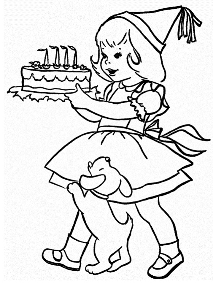 Niña Con Pastel De Cumpleaños Y Cachorro