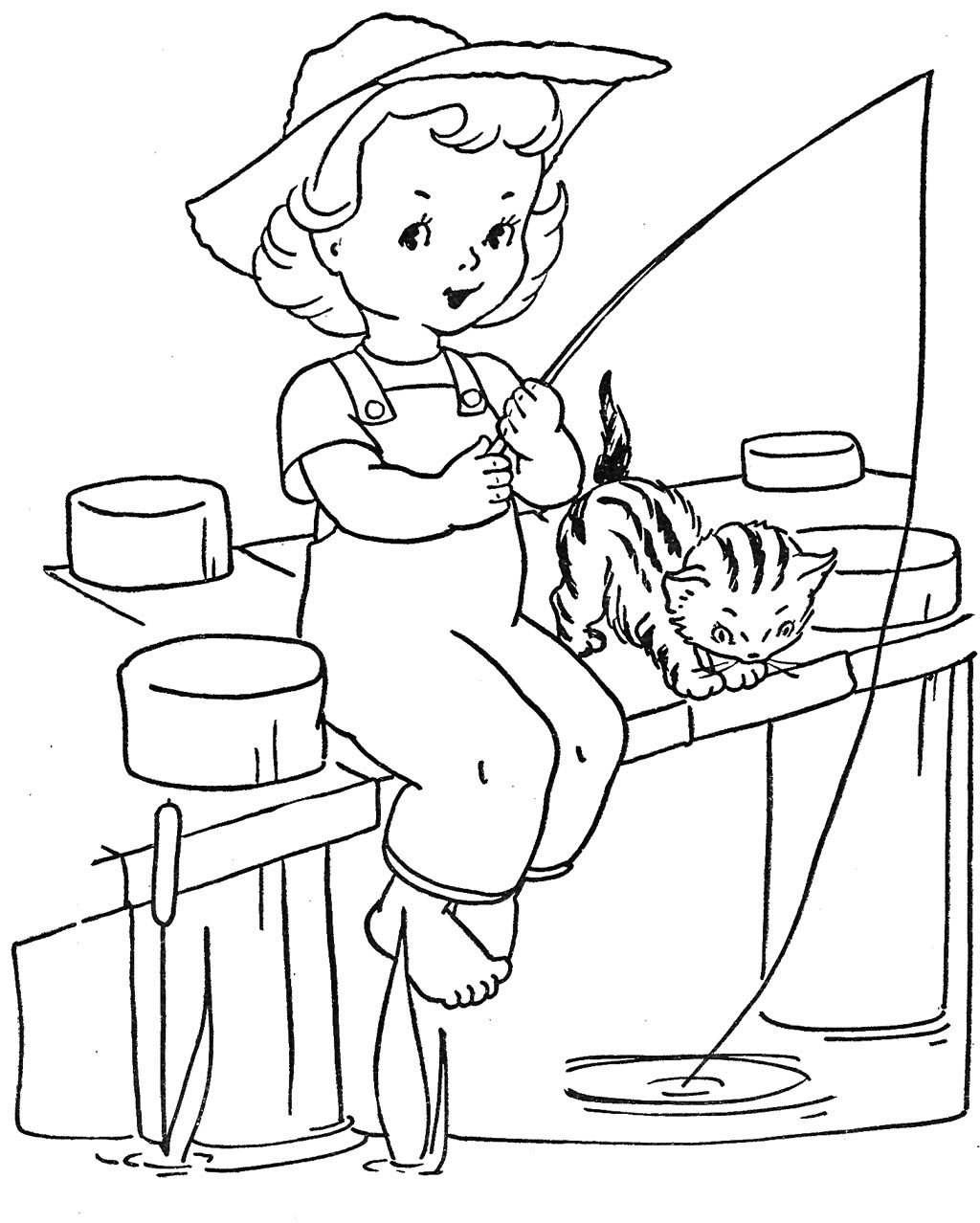 Niña Pescando Con Gato