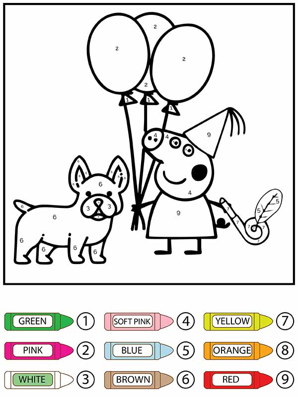 Cachorro y Peppa Pig Sosteniendo Globos Color por Número Página para Colorear