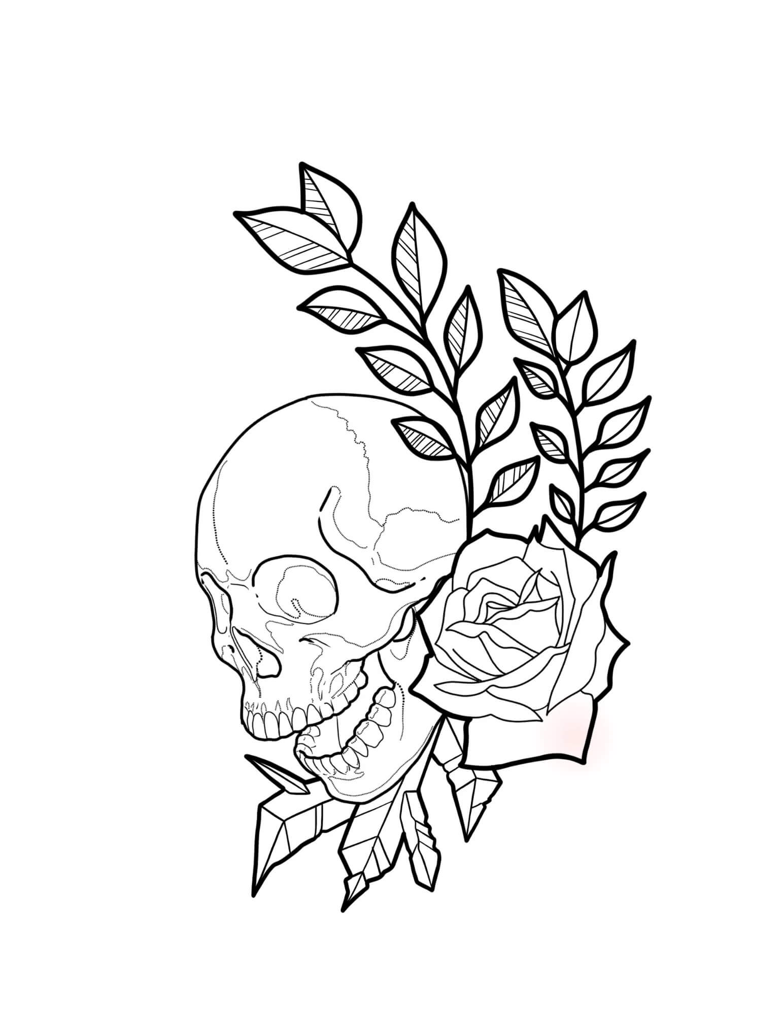 Calavera con Tatuaje de Rosas y Hojas