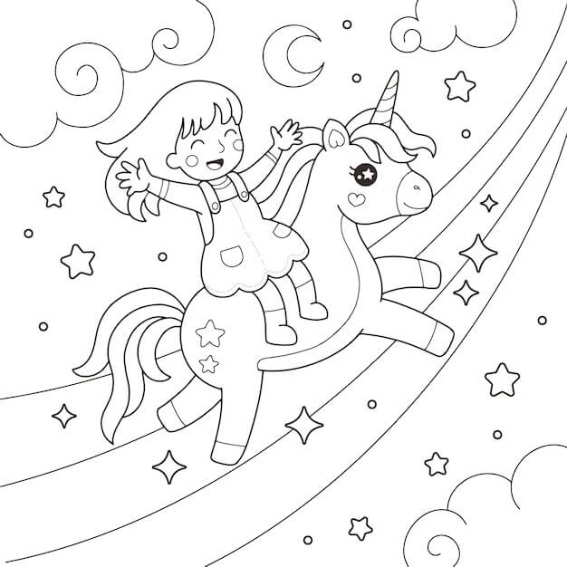 Chica en un Unicornio Volando Sobre un Arcoiris