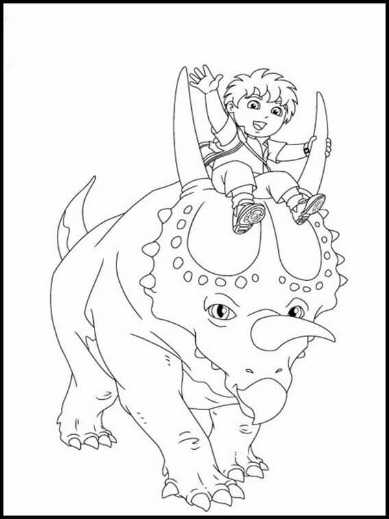 Diego Montando un Dinosaurio de tres Cuernos