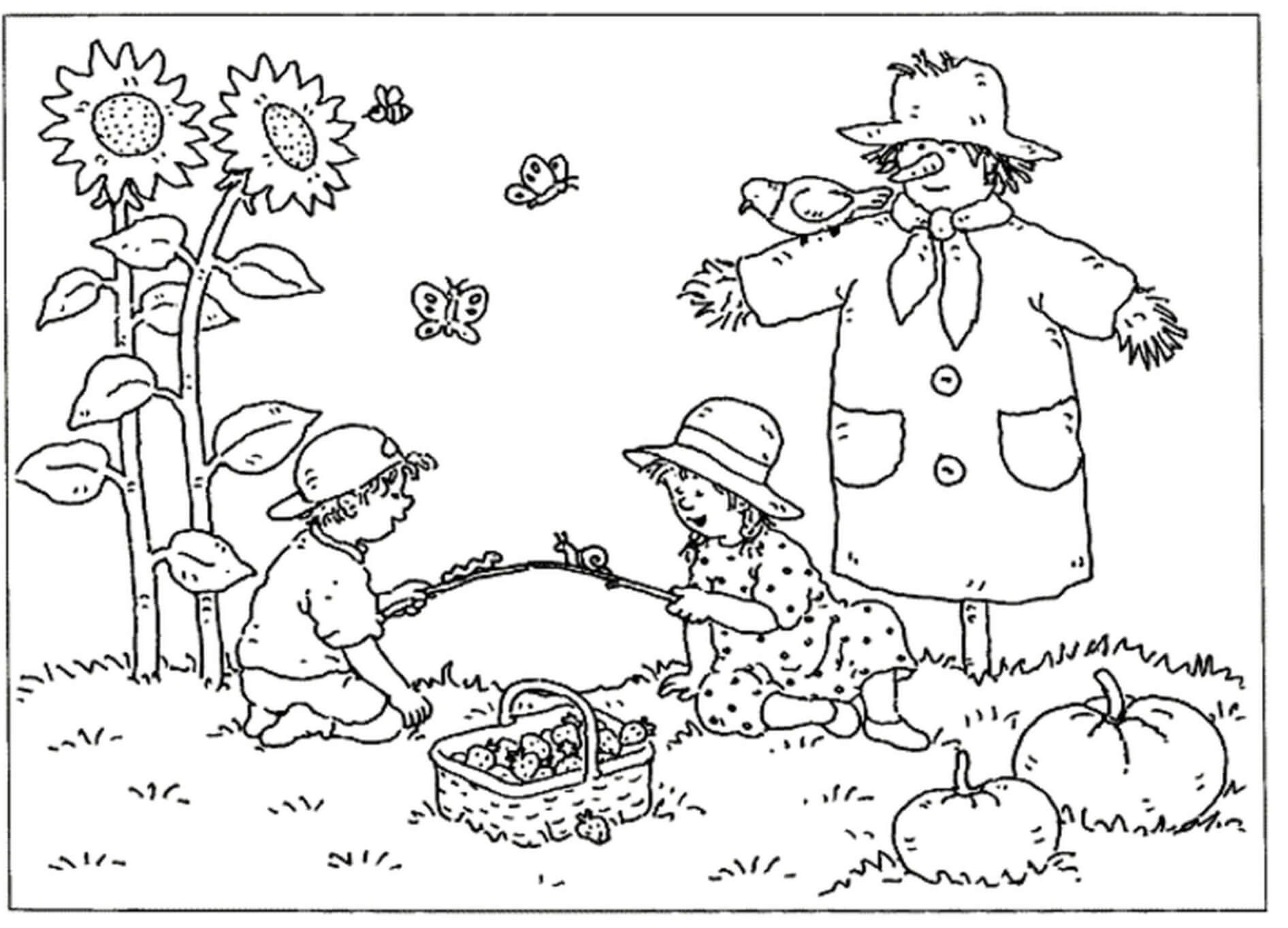 Dos Niños y un Espantapájaros en el Otoño