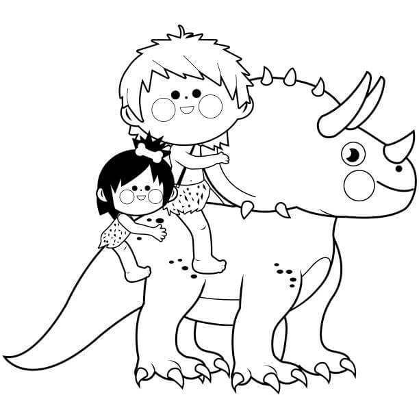 Dos niños Cavernícolas Montando Triceratops