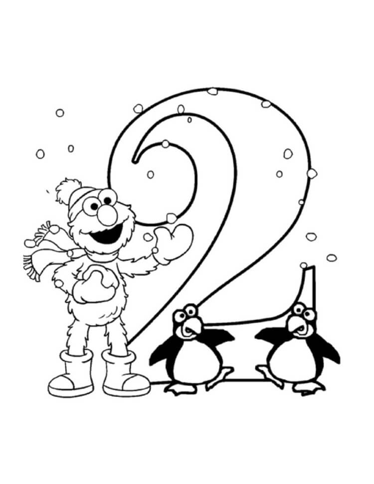 Elmo y Número 2 con Dos Pingüinos