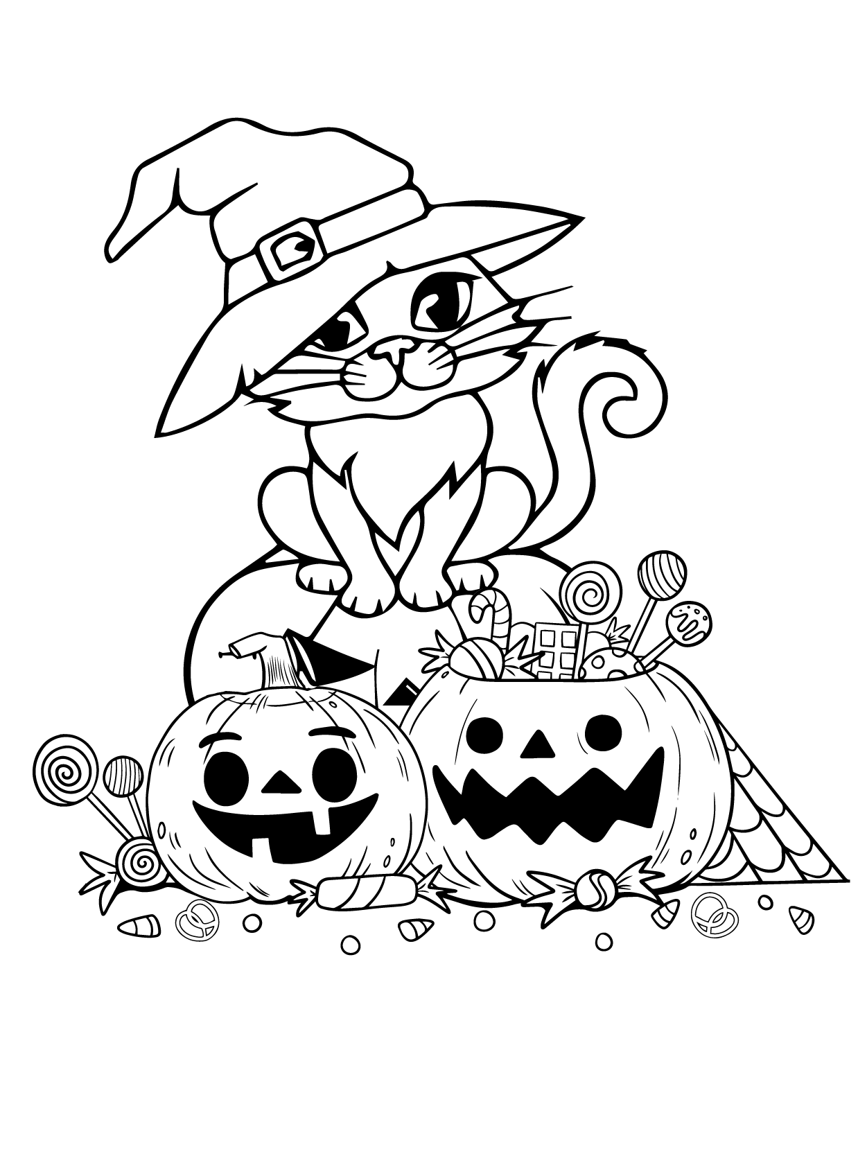 Gatito Kawaii de Día de las Brujas sobre la Calabaza