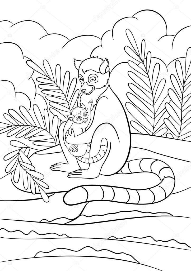 La Madre se Sienta en la Piedra cerca del mar con un Lindo Bebé Lemur