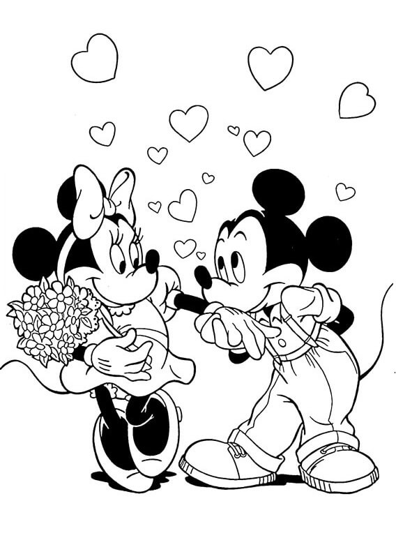 Minnie Sosteniendo un Ramo de Flores y Mickey Mouse