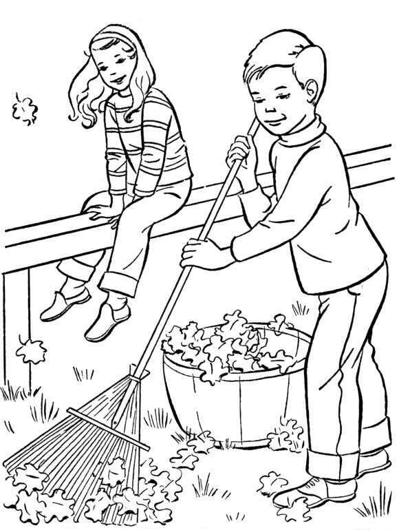 Niña y Niño Barriendo Hojas en Otoño