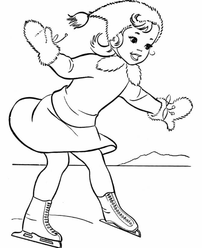 Niña Juego Patinaje Sobre Hielo en Invierno