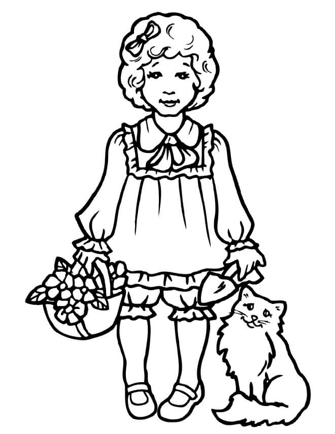 Niña Tenencia Flor y Gato
