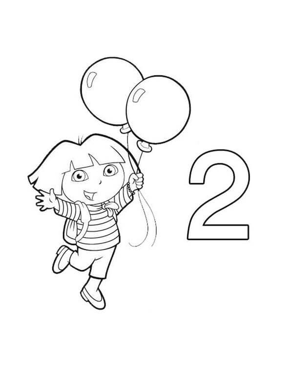Número 2 y Dora sosteniendo dos Globos