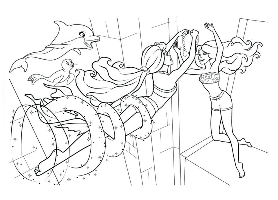 Página para Colorear de Barbie Sirena Feliz