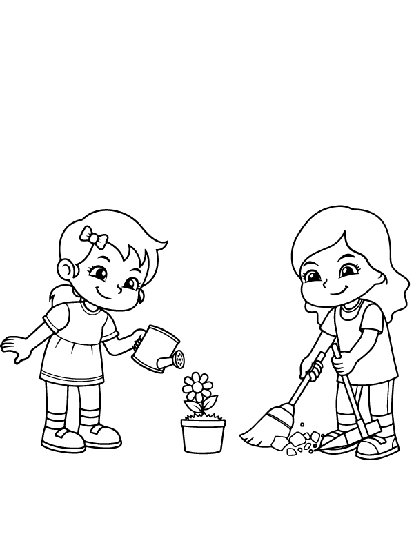 Página para Colorear de Niños sirviendo agua al árbol