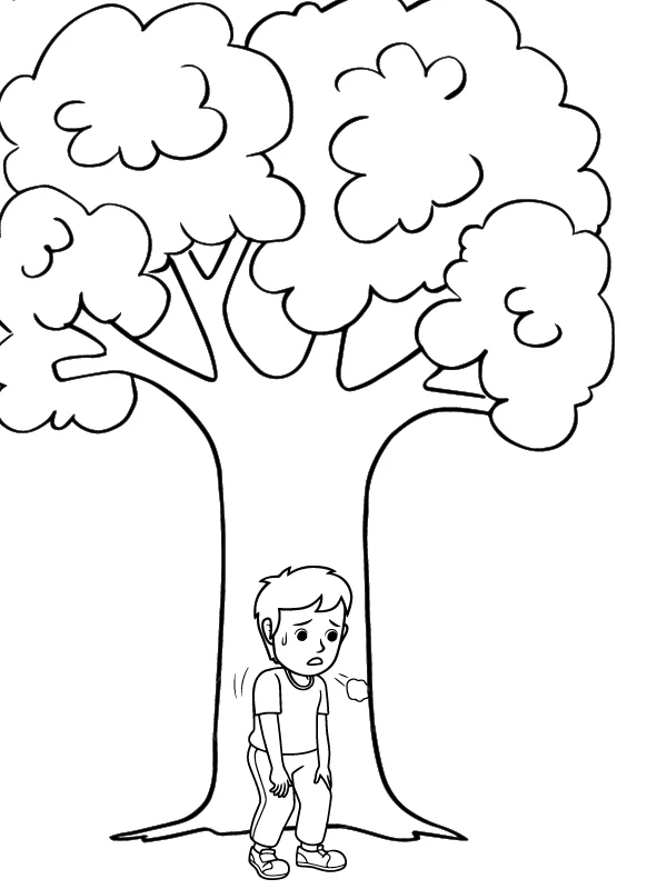 Página para Colorear del Niño cansado descansando bajo el Árbol