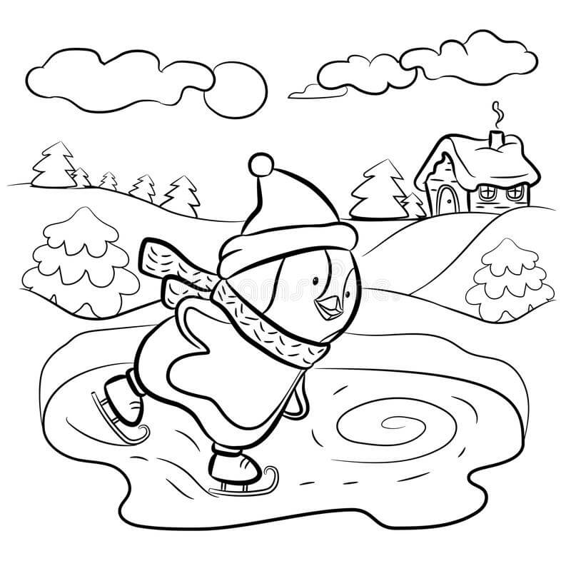 Pingüino Jugando Patinaje Sobre Hielo en Invierno