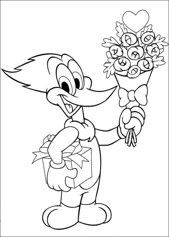 Pájaro Carpintero Sosteniendo una Rosa y una Caja de Gif