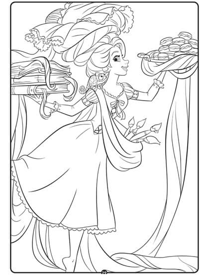 Rapunzel Sosteniendo Comida y Libros