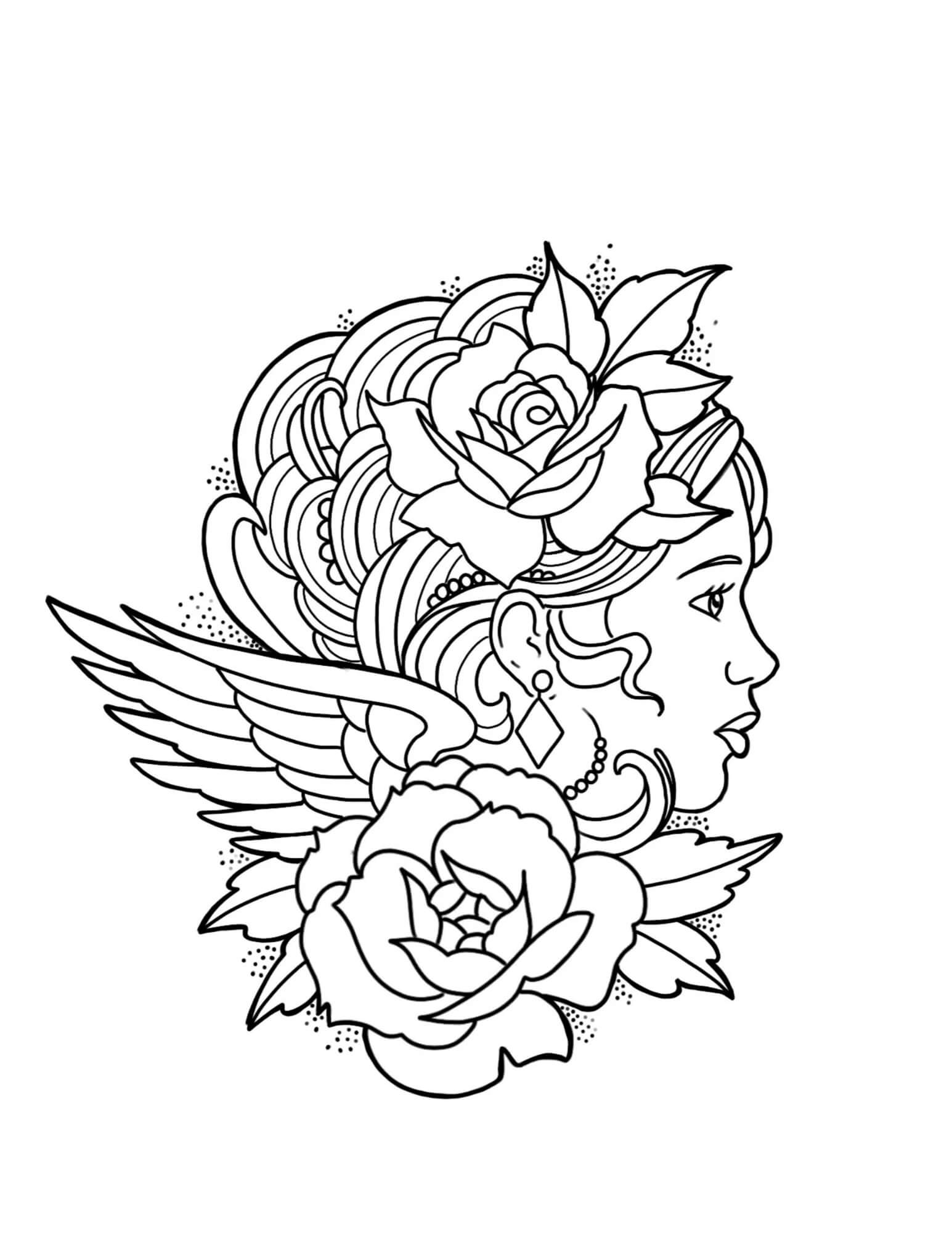 Tatuaje de Niña Rosa y Alas