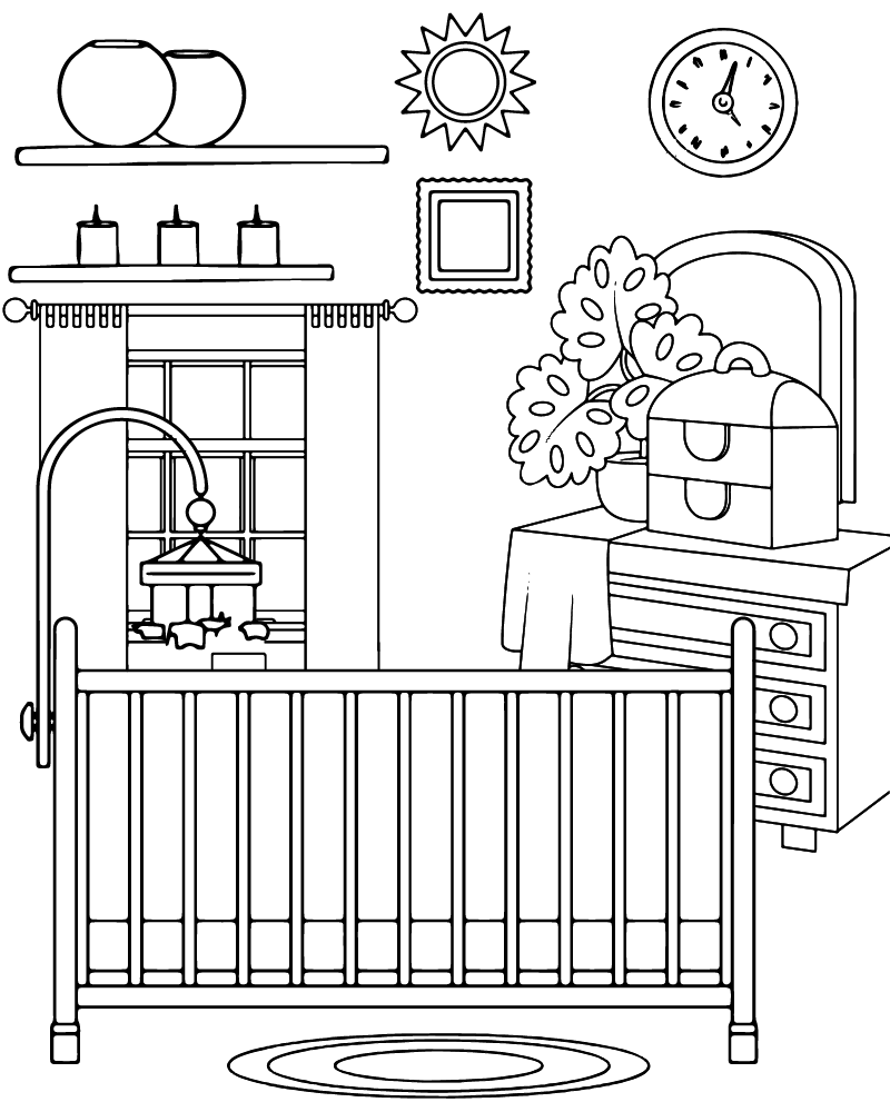 Página para Colorear de Habitación del Bebé con Diseño Acogedor