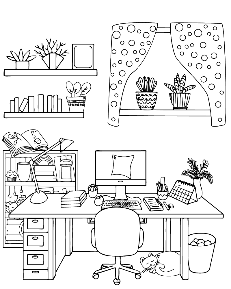 Página para Colorear de Espacio de Trabajo Acogedor