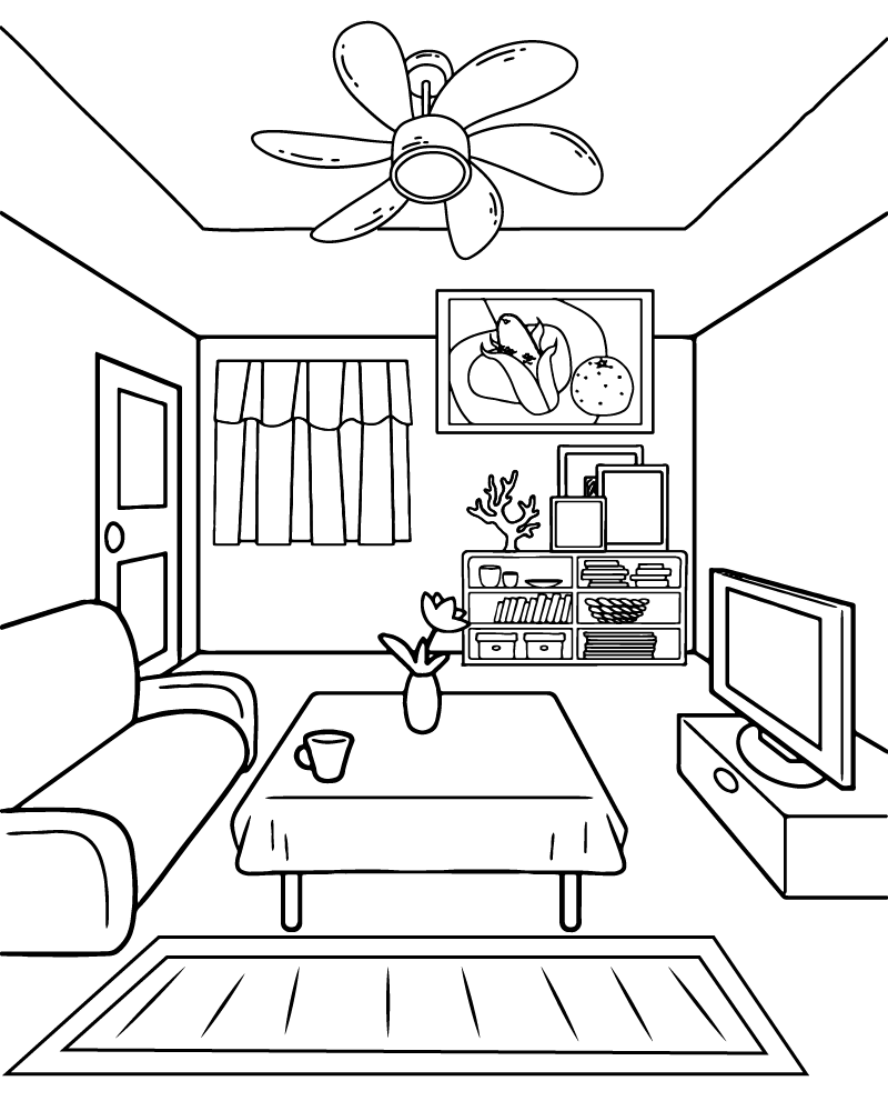 Página para Colorear Gratis de Habitación Acogedora