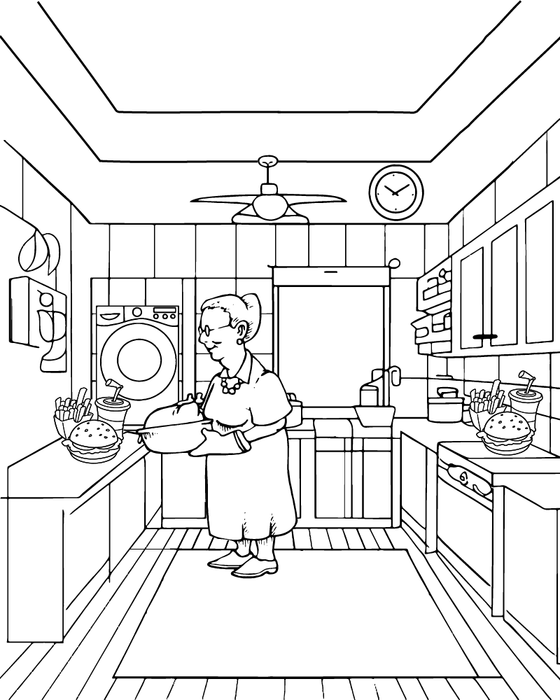 Página para Colorear de Abuela Cocinando en la Cocina