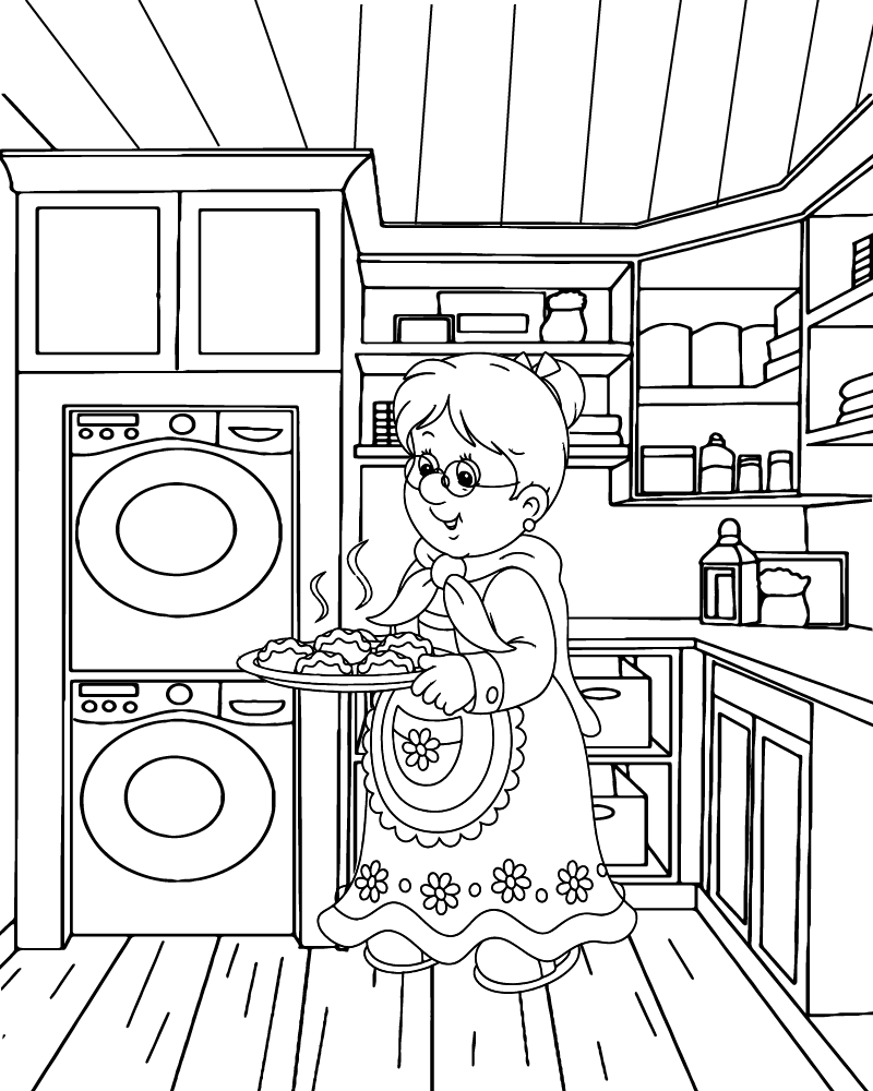 Página para Colorear de Abuela Preparando Comida en la Cocina Acogedora