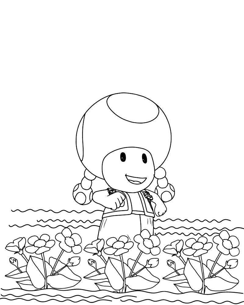 Página para Colorear de Toadette en el Jardín de Flores