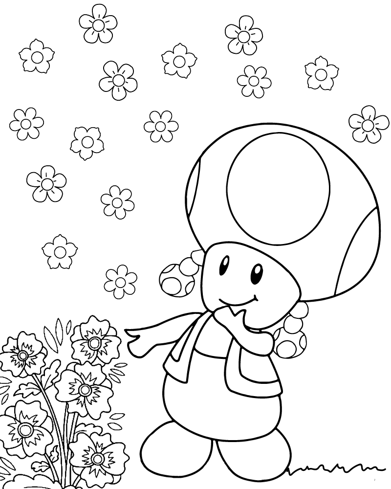 Página para Colorear de Toadette con Flores Hermosas