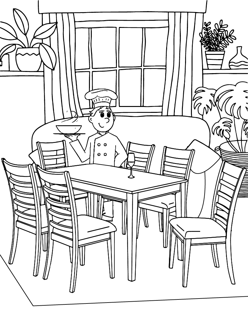 Página para Colorear de Camarero en Restaurante Acogedor