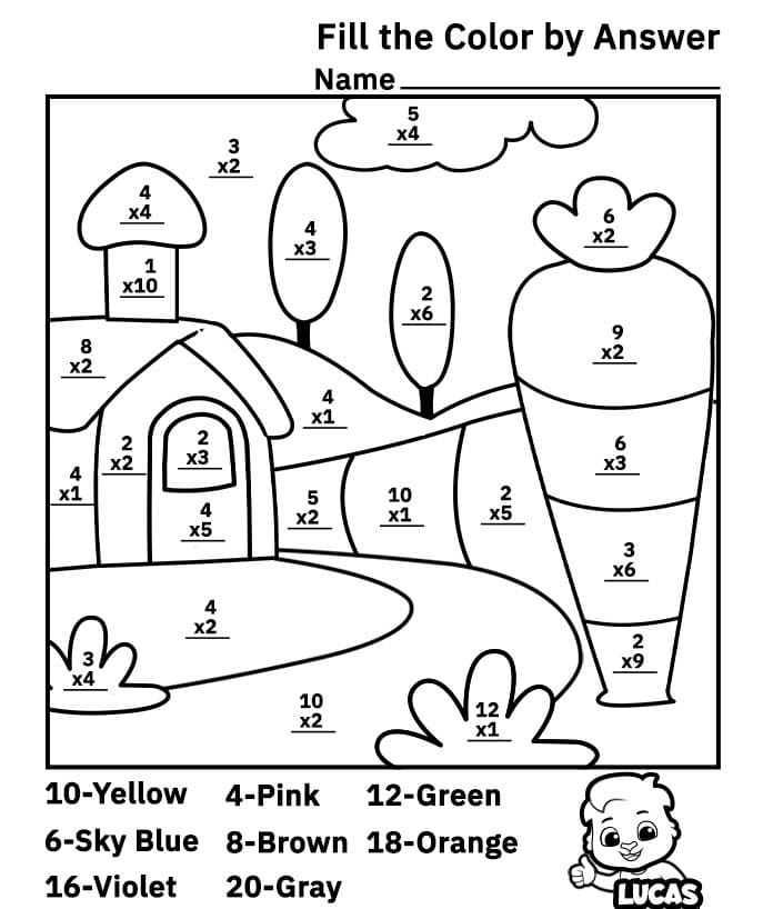 Feuille de calcul mignonne de multiplication Coloriage par numéro
