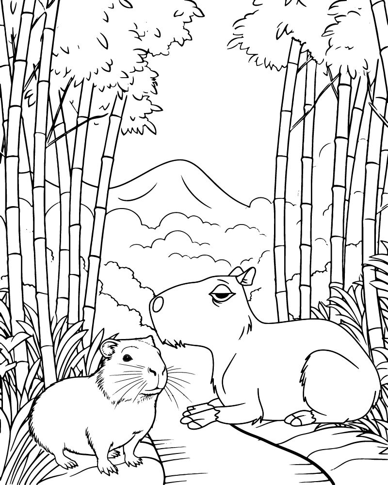 Capybara et Ami dans la Forêt de Bambou