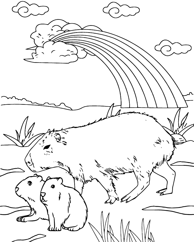 Famille Capybara sous l'Arc-en-Ciel