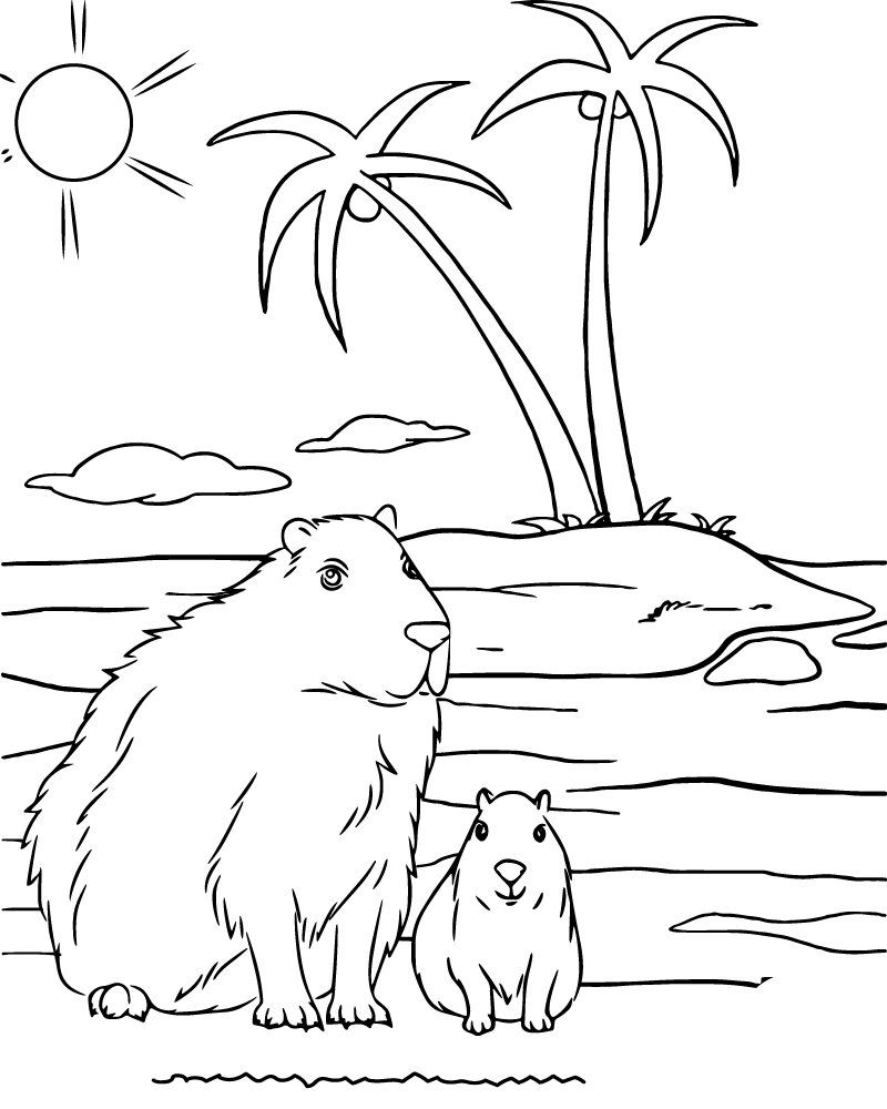 Mère Capybara et Bébé sur une Île Tropicale