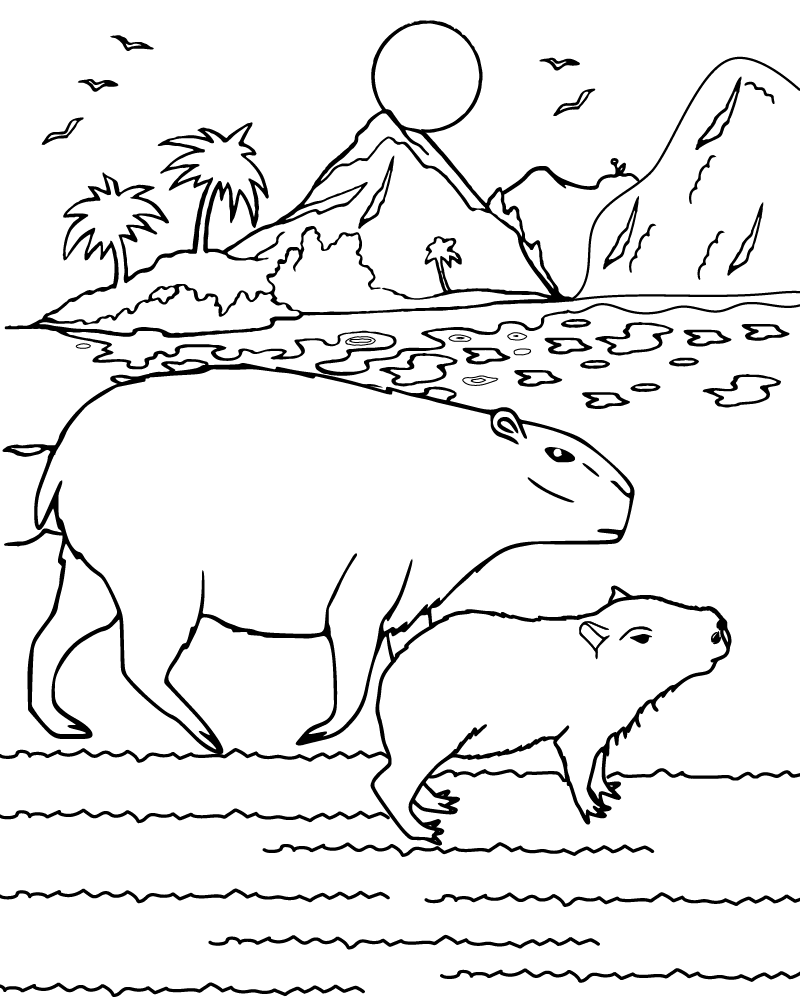 Capybaras Se Promenant sur la Plage